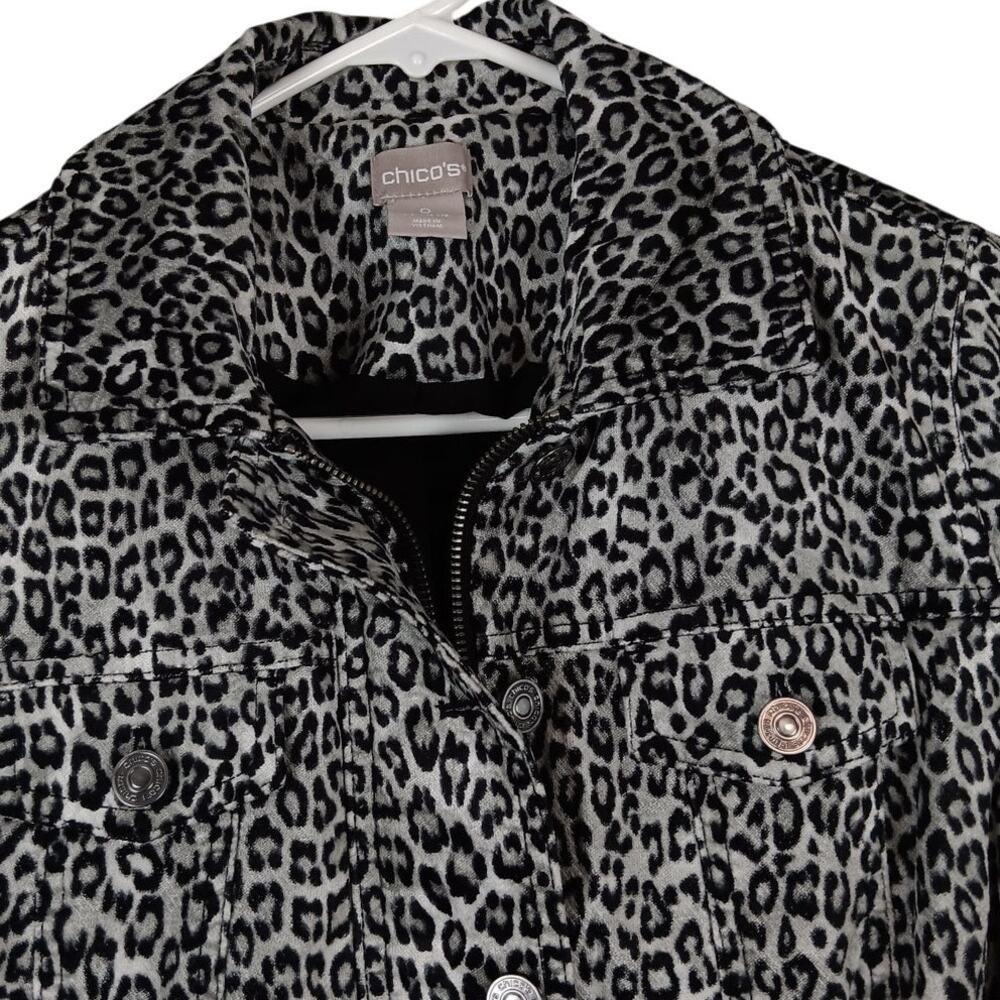 Chico's Brushed Flannel Jacket Womens 0 US 4/6 Gray Leopard Print Stretch Casual